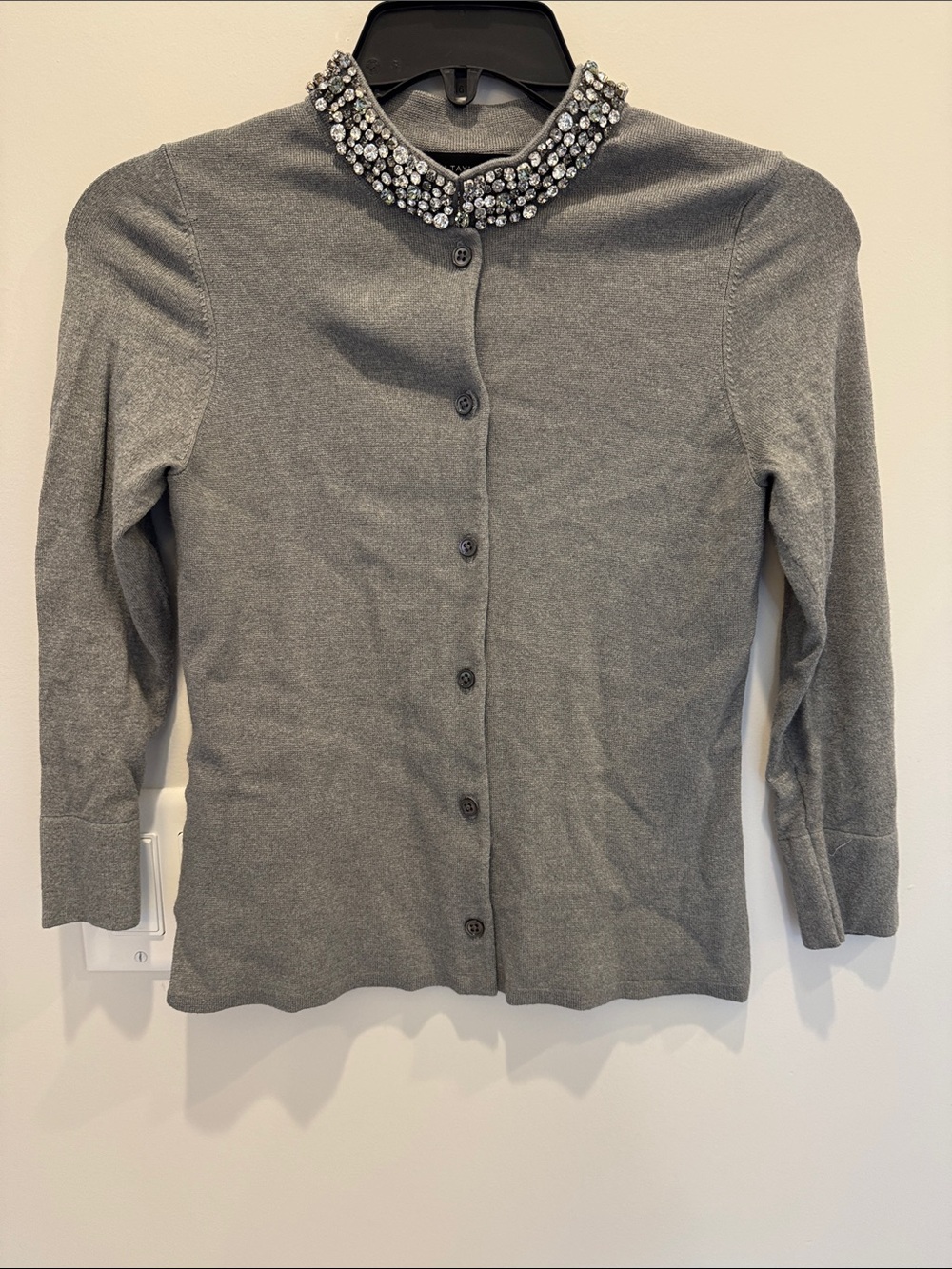 Ann Taylor Grey Cardigan with Jeweled Collar